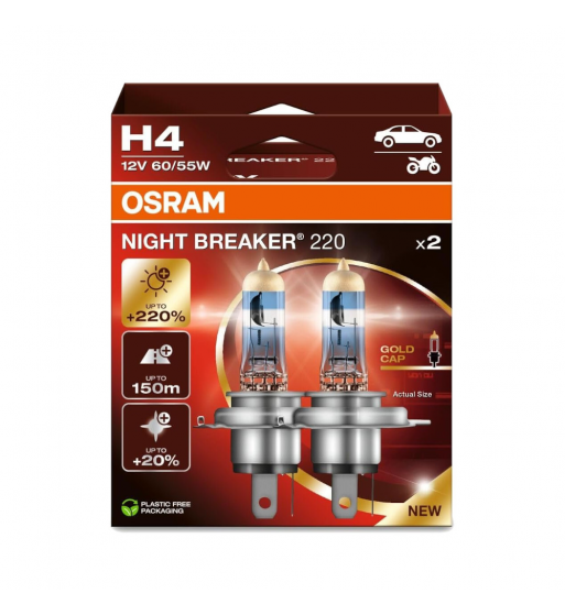 Bombillos Osram H4 X2 Night Breaker 220%+luz 12v 60/55w